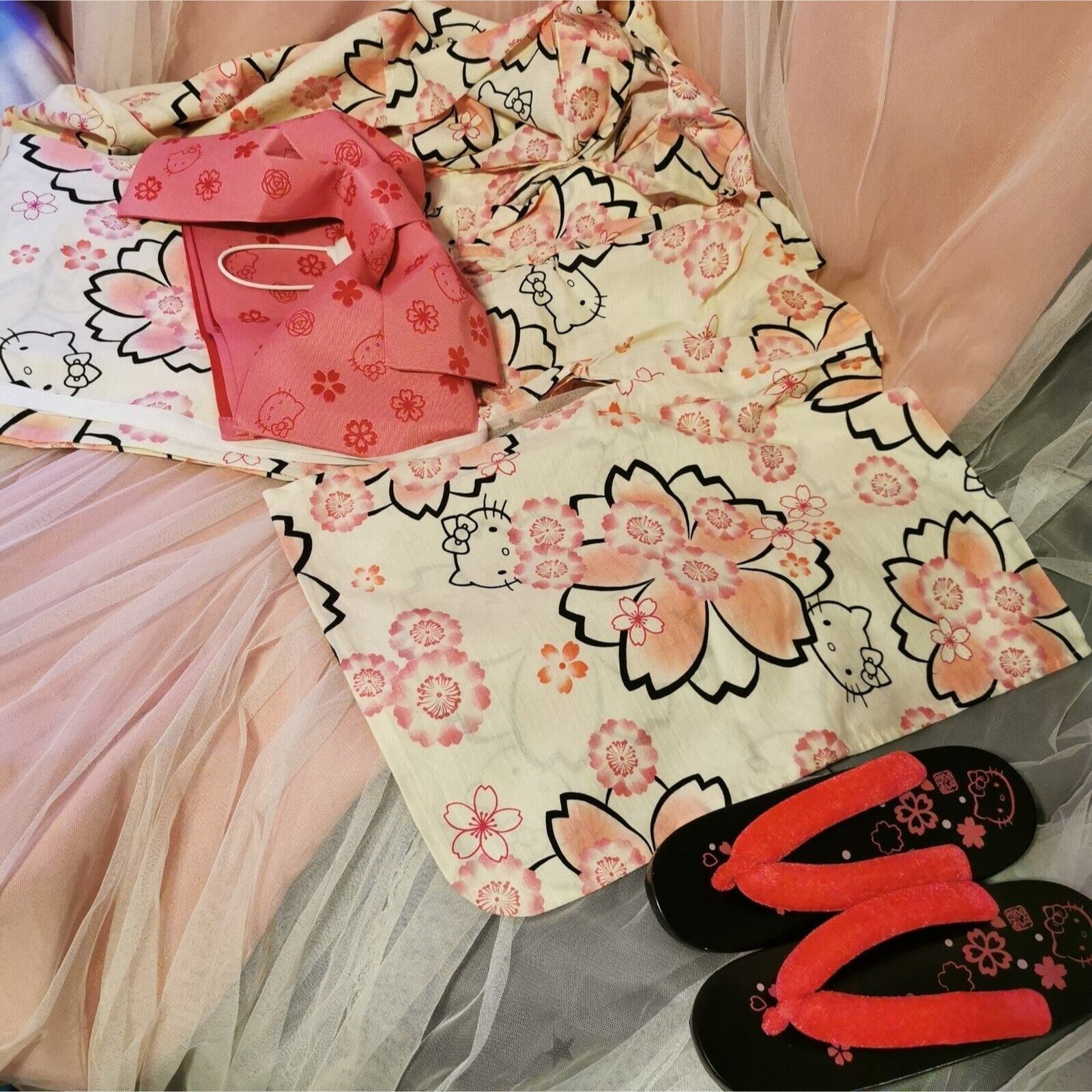 Rare Hello Kitty Sakura Yukata Kimono Robe W/ Geta Shoes Japan Y2k Vintage